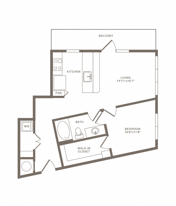 Floor plan for 1 bed, 1 bath, 771 sqft